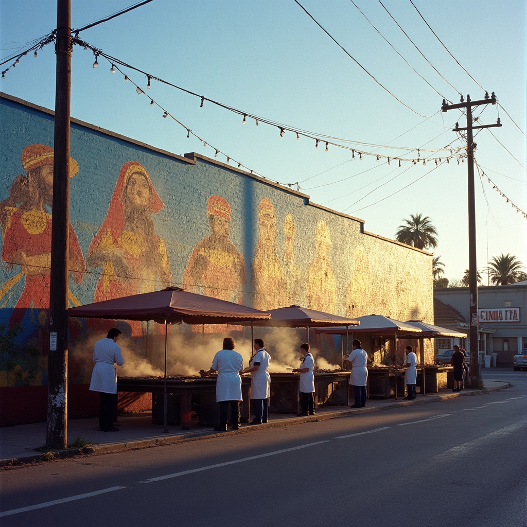 Vibrant murals and taco stands along a street in Barrio Logan San Diego