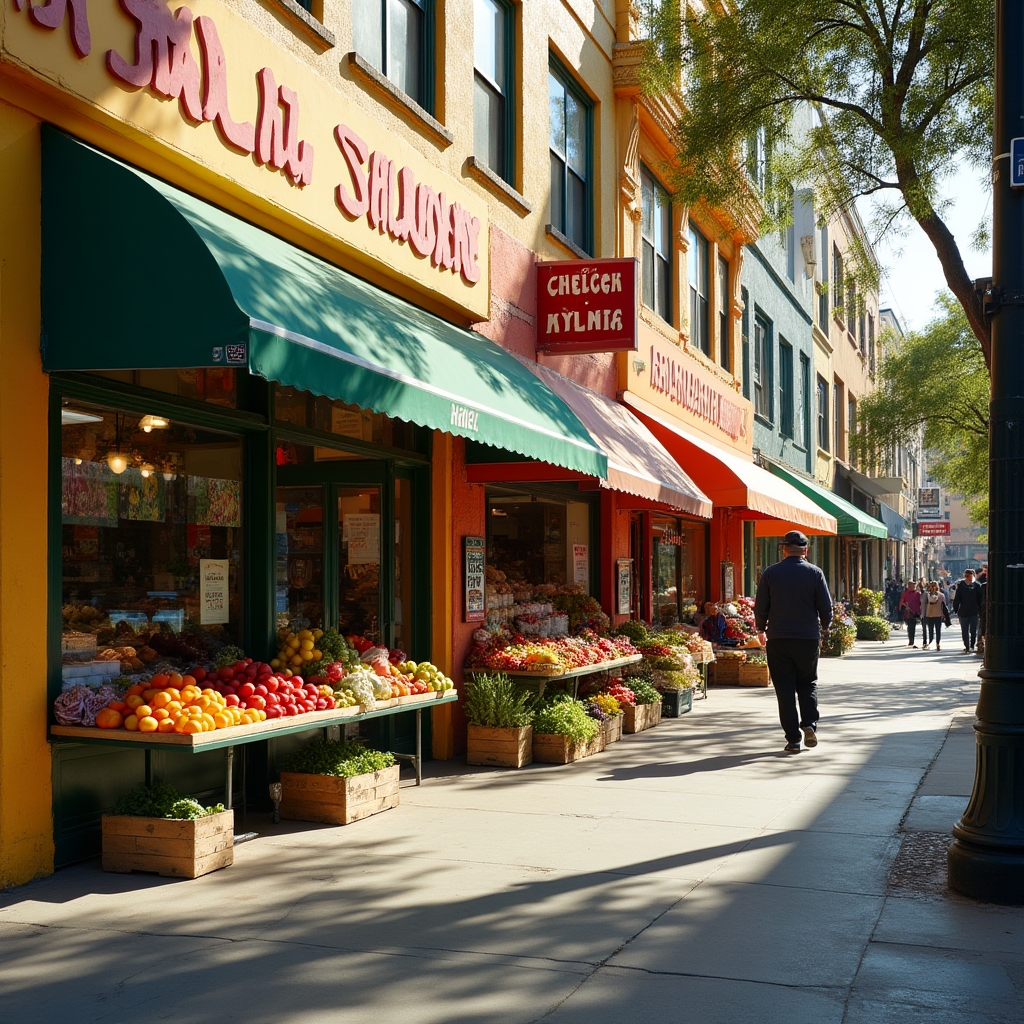 Colorful storefronts and market stalls in City Heights neighborhood San Diego