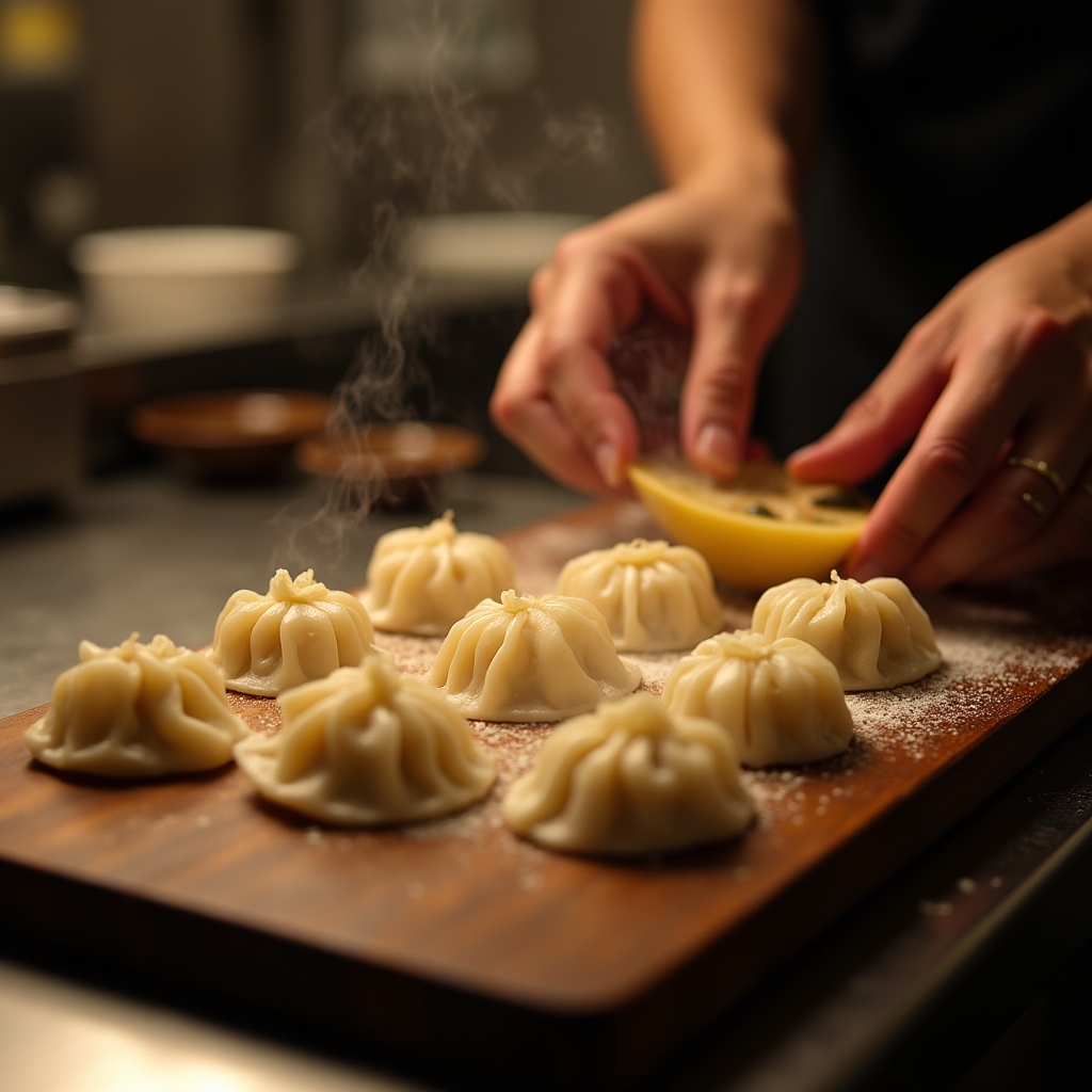 Close-up of steaming dumplings being placed on a wooden board in a small kitchen