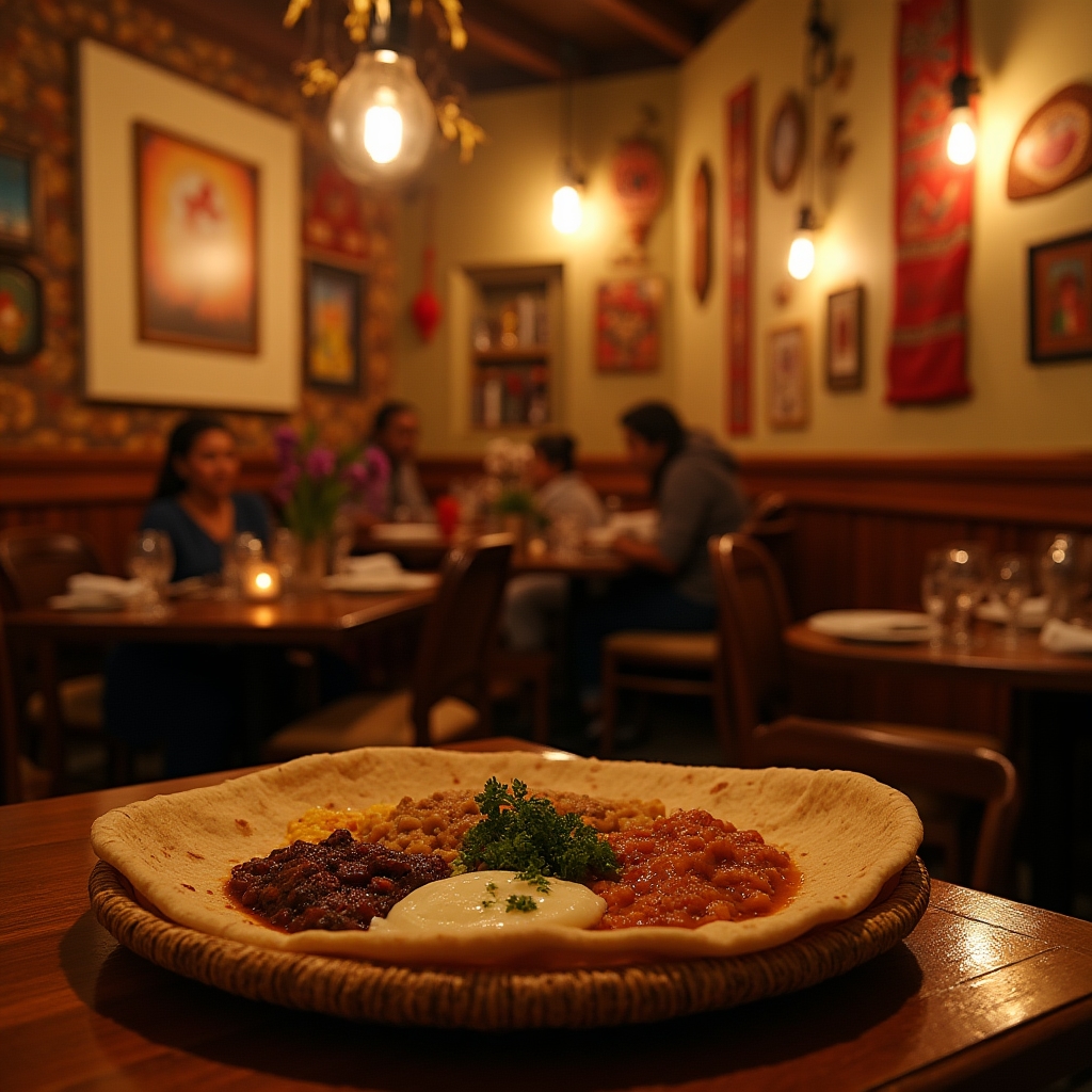 Warm interior of a family-run Ethiopian restaurant with woven baskets and low lighting