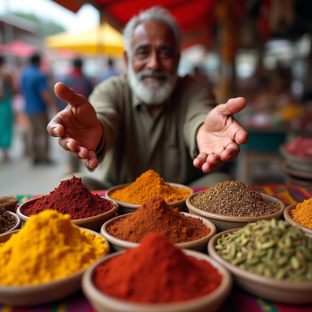 Hands of a market vendor displaying dried spices in small bowls at a colorful stall